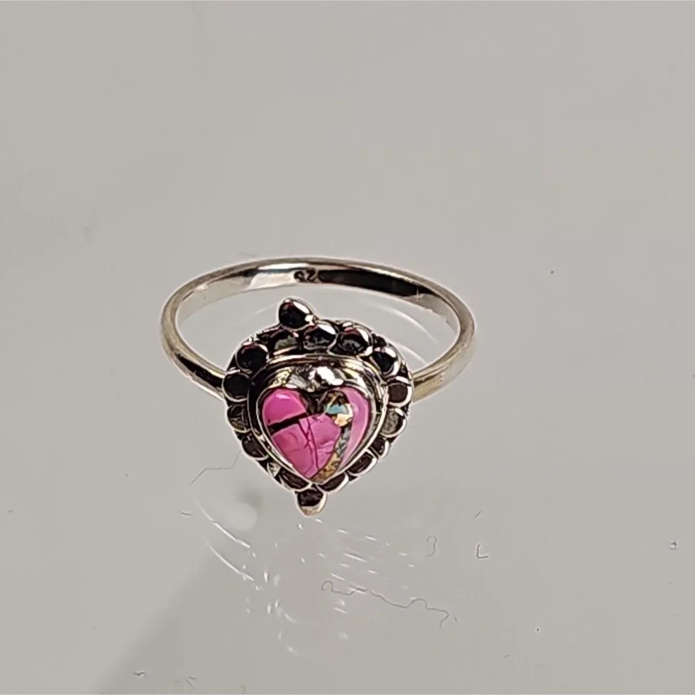 Cotton Candy Dahlia 925 Sterling Silver Pink Turquoise Heart Ring Southwestern